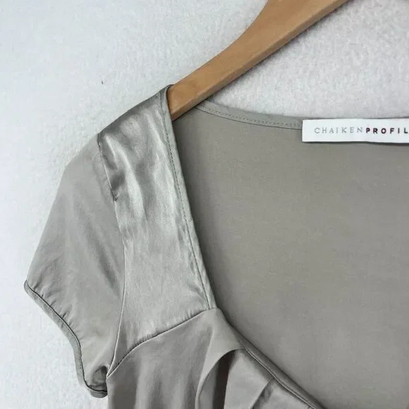 CHAIKEN PROFILE Top 0 XS Stretch Silk Satin Pleated Cap Sleeve Gray Silver USA - Picture 7 of 14